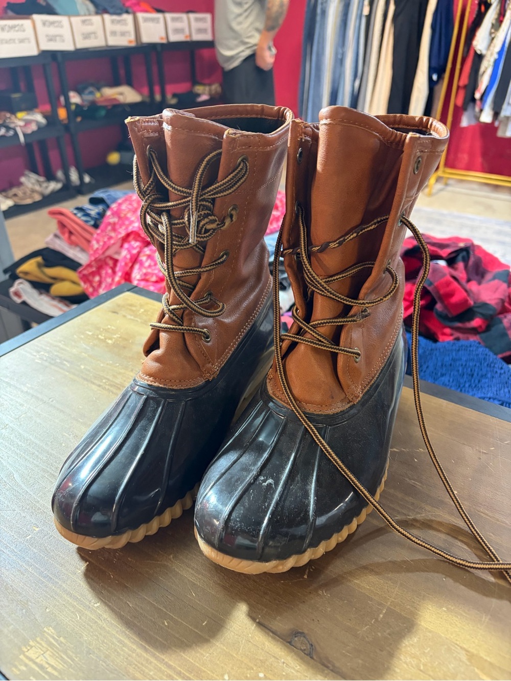 Duck Boots Two Tone Lace Up Rain Boots Size 7.5 Brown Black Waterproof